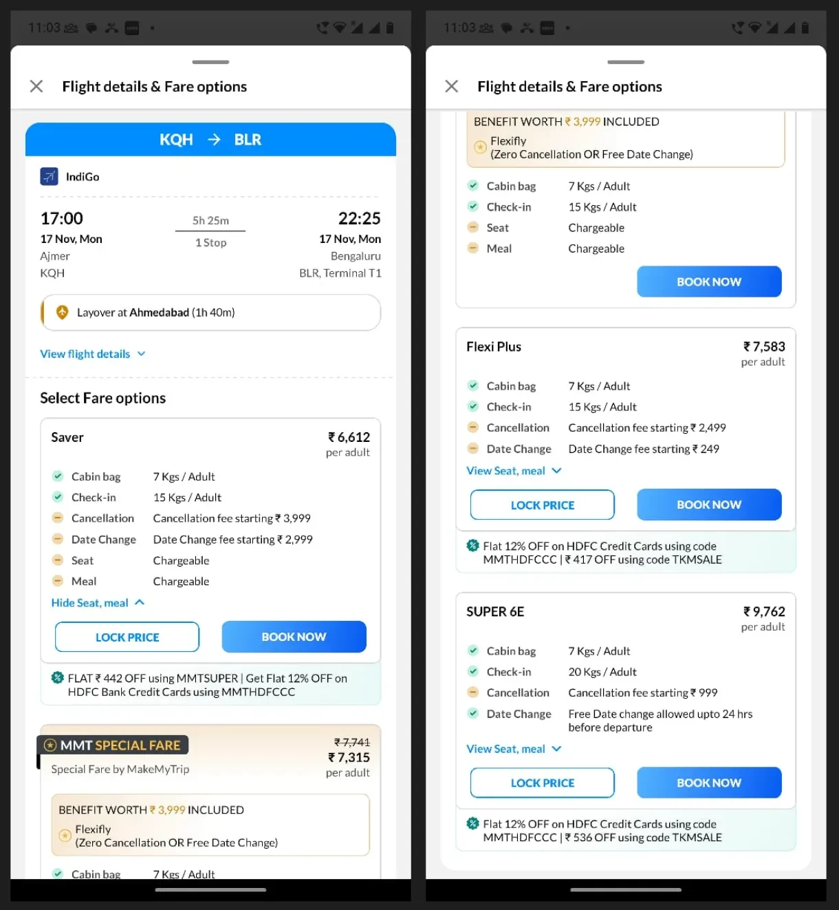 MakeMyTrip fare options, with the benefits shown at checkout