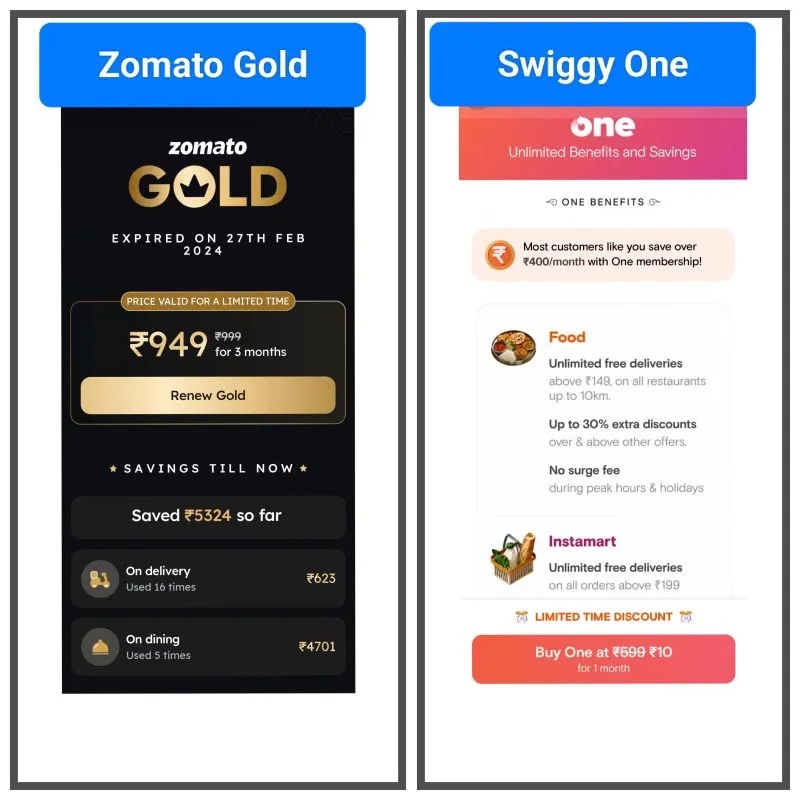 Zomato Gold and Swiggy One membership screens